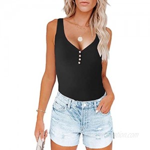 Womens V Neck Button Down Henley Tank Top Solid Ribbed Knit Slim Bodysuit Romper