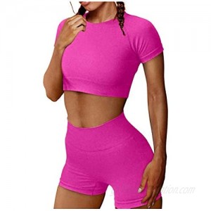 Workout Outfits 2 Pieces for Women Seamless Yoga Running Short Sleeve Top Shorts Set Bodysuit