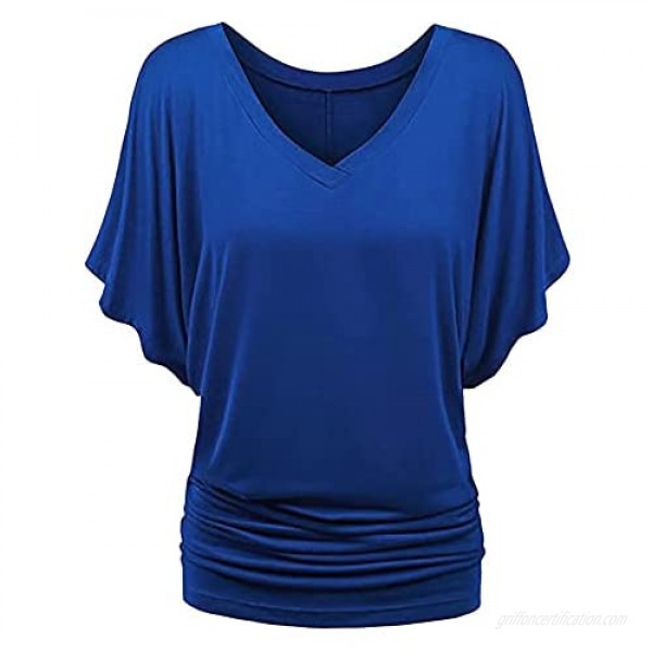 ZGNB Fashion Women Plus Size Solid V-Neck Short Sleeve Ruched Top Blouse T-Shirt